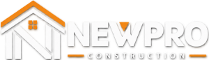 NEWPRO Construction logo with an orange house outline and window, and bold 'NEWPRO CONSTRUCTION' text beside it.