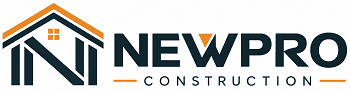 NewPro Construction logo with a stylized blue house and orange roof accents, and the words NEWPRO CONSTRUCTION